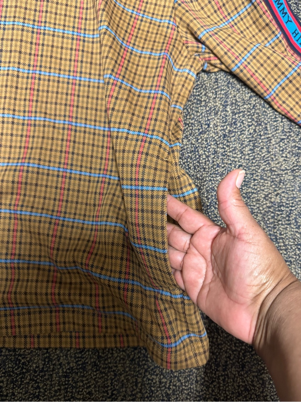 Tommy Hilfiger Tan Plaid Hoodie with Blue-Red Branded Sleeve Tape - Picture 5 of 8